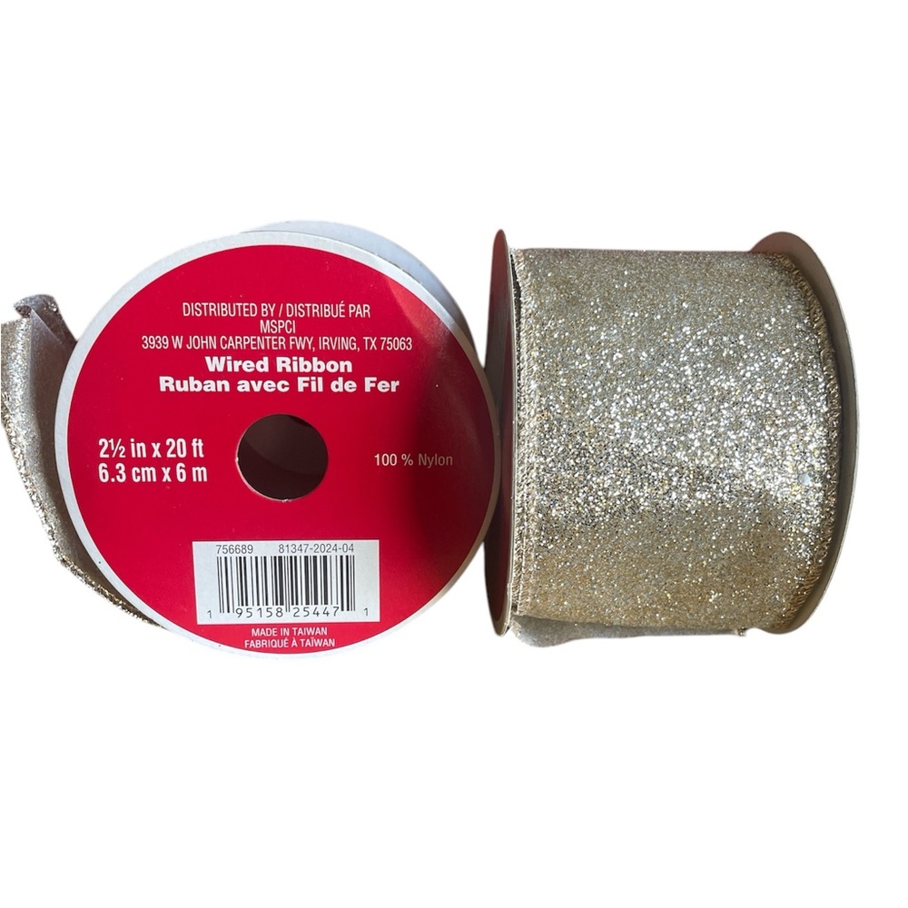 Celebrate It 2.5" x 20ft. Champagne Glitter Wired Shimmer Ribbon-set of 2